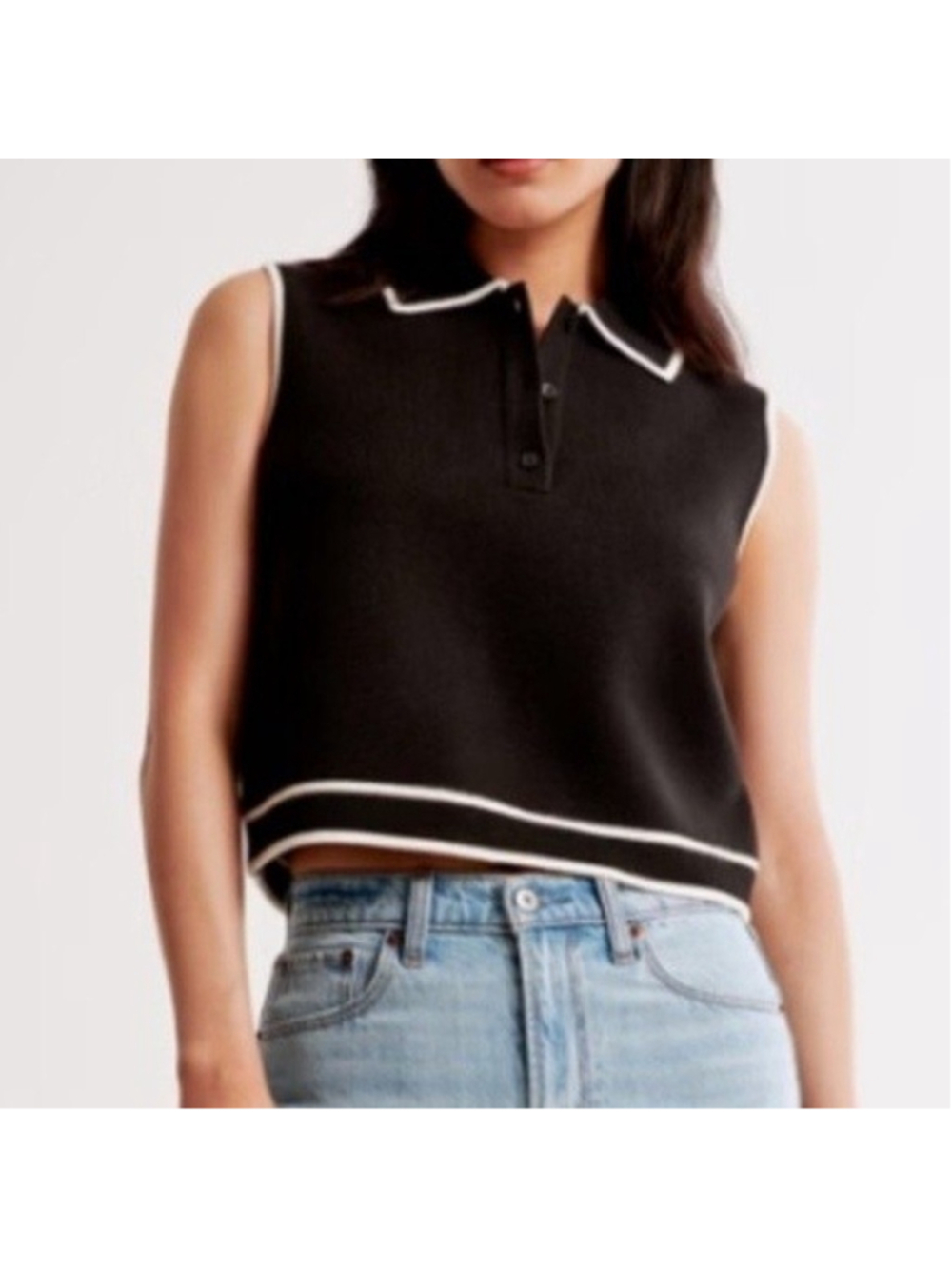 ABERCROMBIE & FITCH Cropped Knit Polo Sweater Vest Black Sz M Preppy Retro